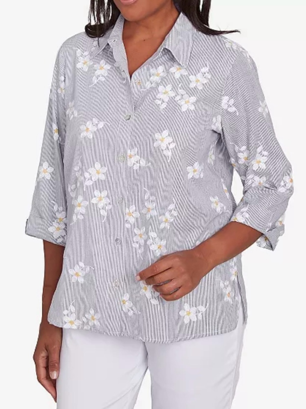 Alfred Dunner Flower Embroidered Button Down Striped Top SZ.L